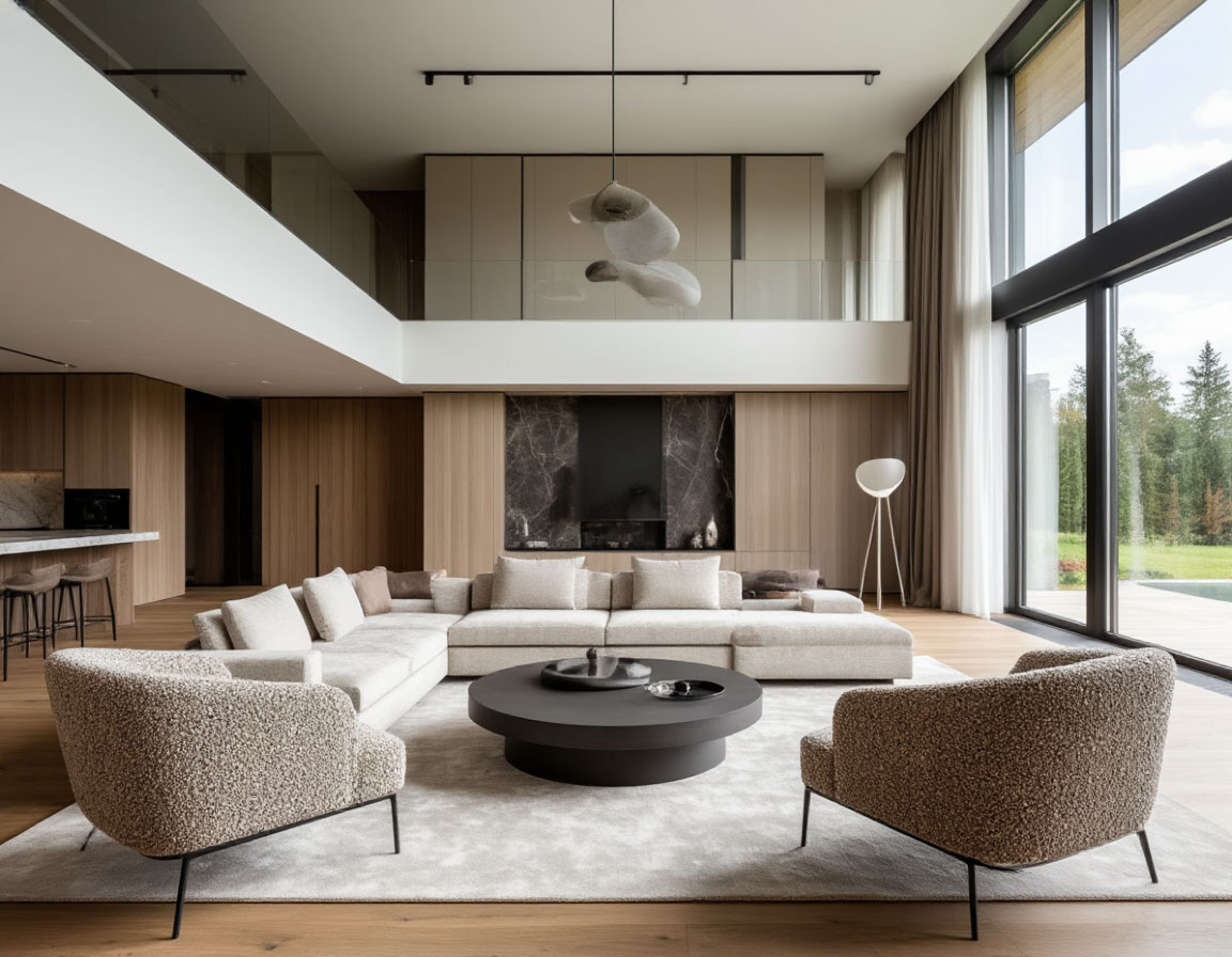 Декорирование помещения двухсветной гостиной на вилле